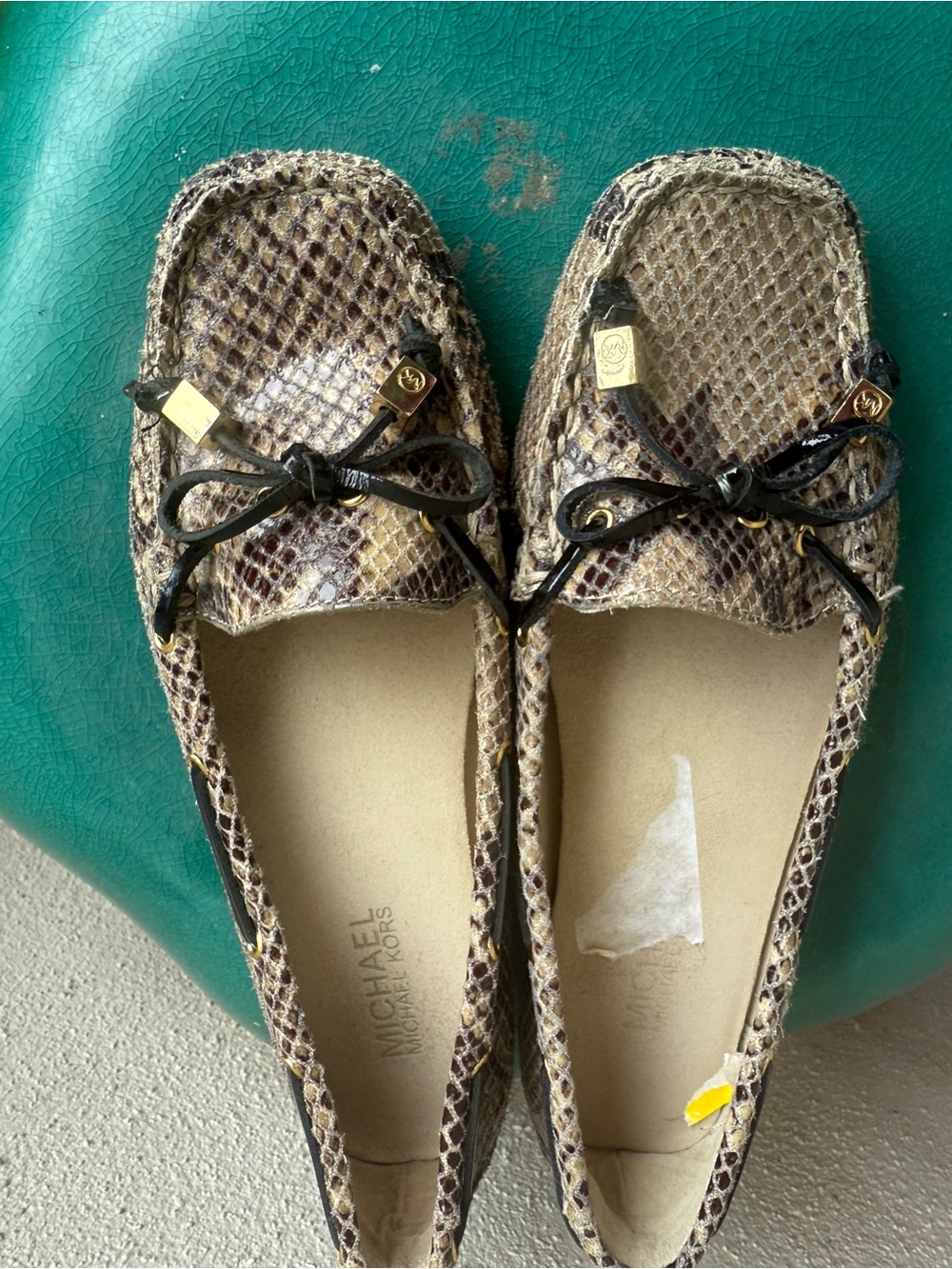 Michael Kors Snake-Print Moccasins with Black Bow and Gold Hardware